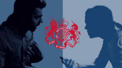 A photo montage of a couple having an argument and the UK’s royal coat of arms