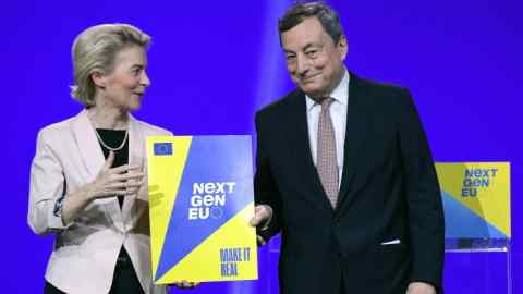 European Commission president Ursula von der Leyen with then Italian prime minister Mario Draghi in 2021. Absorbing funds amounting to 10% of Italy’s GDP in five years was always going to be a tall order