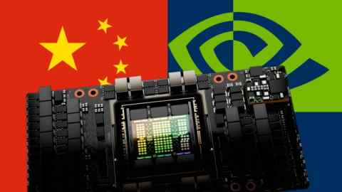 A montage showing Nvidia’s Hopper H100 unit, the Chinese flag and the Nvidia logo