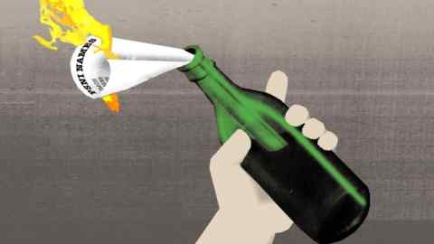 Ellie Foreman-Peck illustration of a hand holding a green bottle with a paper on fire sticking out of it that reads PSNI NAMES