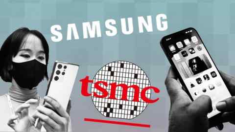 Mobile phones and logos of Samsung and TSMC