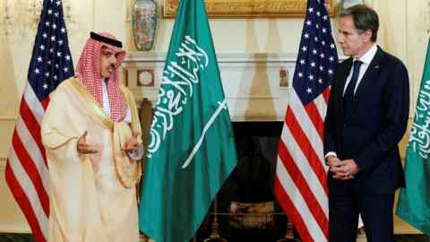 Saudi Arabia’s foreign minister Prince Faisal bin Farhan and US secretary of state Antony Blinken in Washington last month