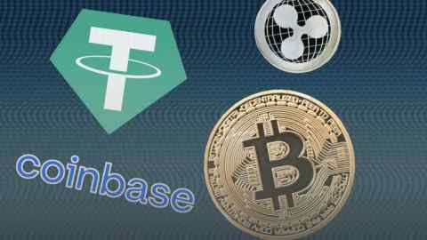 Montage of Coinbase, Bitcoin, Ripple and Tether