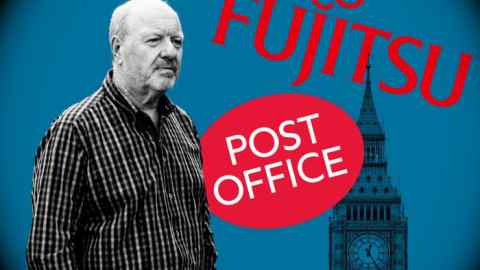 Montage of Alan Bates with Fujitsu and Post Office logos
