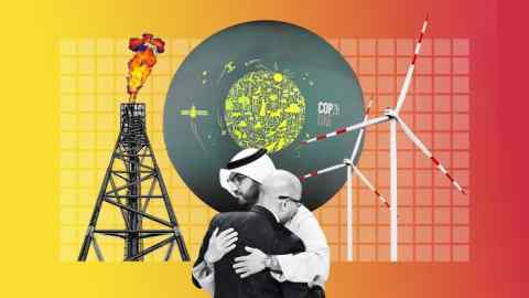 Illustration of COP28 leaders embracing, against a backdrop of the COP28 logo, a flaring oil well, a person carrying a solar panel, and wind turbines