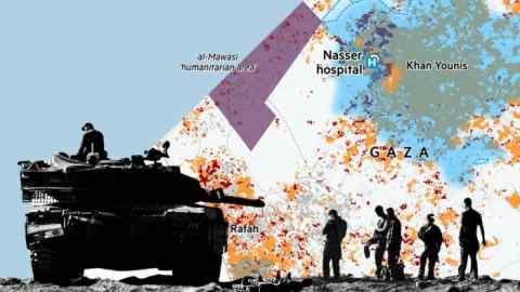 Montage of a map of Gaza and photography of Israeli tanks on the border