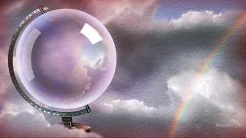 James Ferguson illustration of a crystal ball globe standing in the clouds, with rainbow on the side.