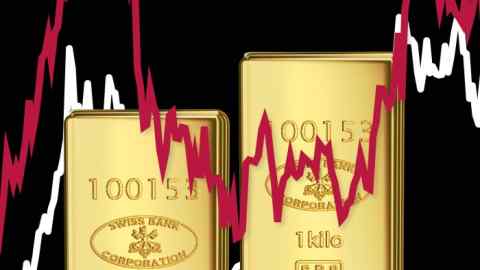 Montage image of gold bars and a line chart with a red line and white line