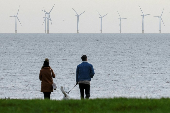 Wind turbines off the coast of Essex, England. UK prime minister Boris Johnson vowed to install enough wind turbines to power every home by 2030