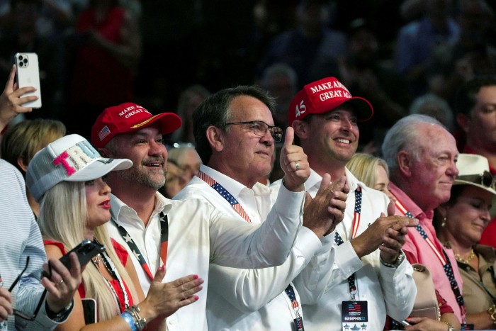 Trump supporters wearing MAGA caps attend the ‘American Freedom Tour’ event in Memphis, Tennessee, this month