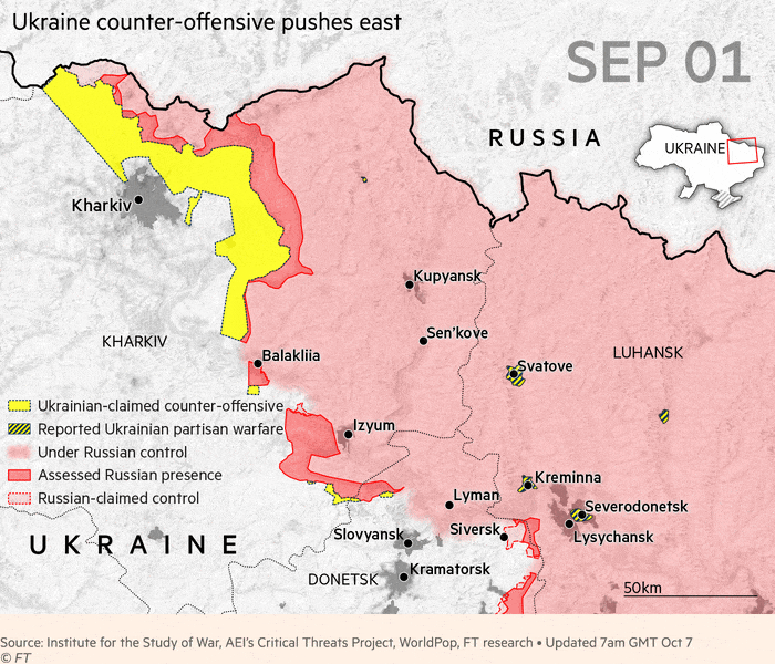 Map animation showing Ukrainian counter-offensive in the north east of the country since September 1