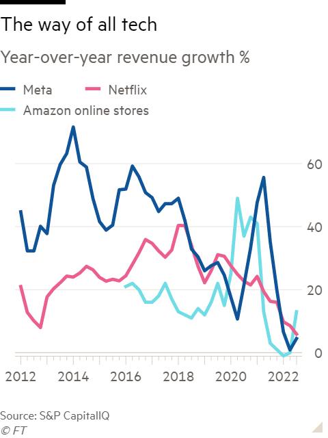 Line chart of Year-over-year revenue growth % showing The way of all tech